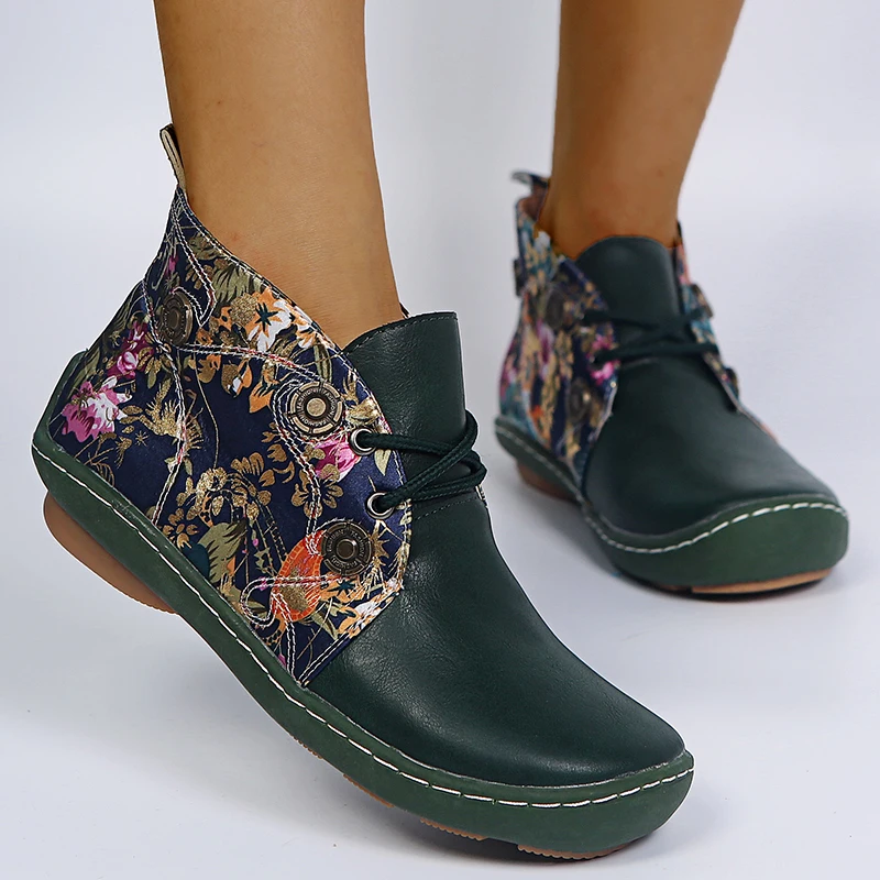 

2021 Women Leather Ankle Boots Casual Lace Up Winter Boots Comfortable Soft Rubber Solid Flat Shoes Plus Size Female