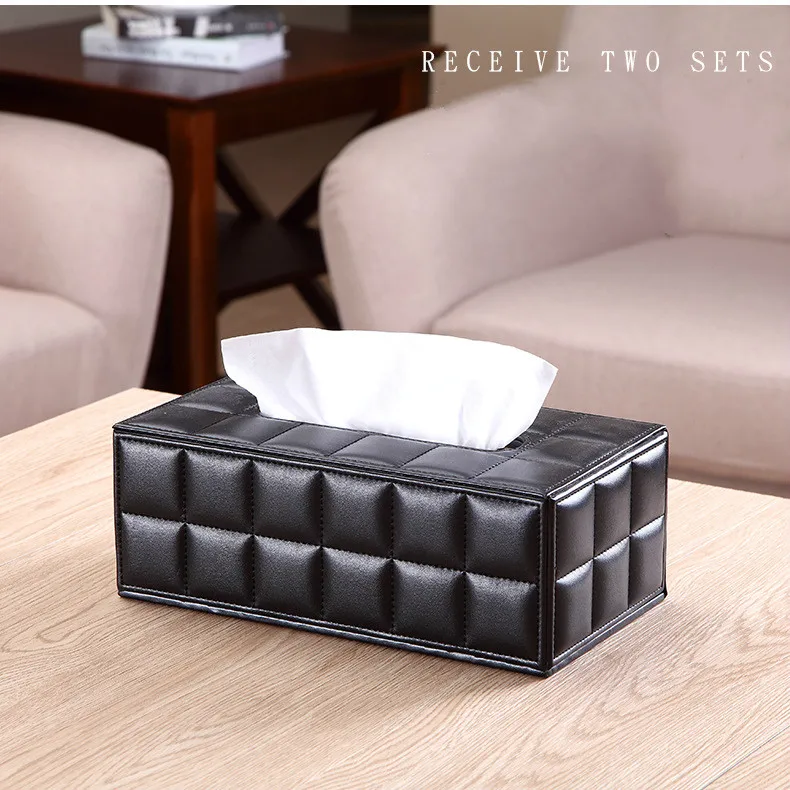 

Household items black leather rectangular paper towel box sheepskin line grid drawing box living room paper towel box