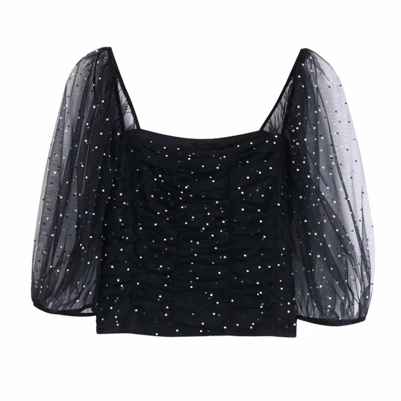 Новинка 2020 женские пикантные сетчатые блузки с квадратным вырезом и блестками