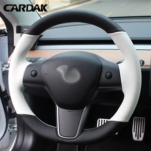 cardak perforated black artificial leather white car steering wheel cover for tesla model 3 2017 2018 2019 car accessories free global shipping