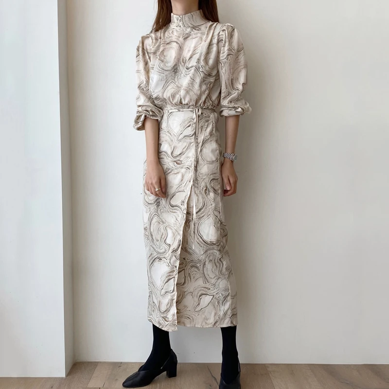 Корейский стиль, женское платье, хлопок, стоячий воротник, осень и зима, новинка, женское платье,, длинный рукав, женская одежда, Y124