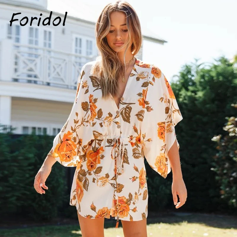 

Foridol V Neck Summer Loose Dress Women Floral Print Boho Beach Sundress Cover Up Casual Short Mini Dress for Women 2021