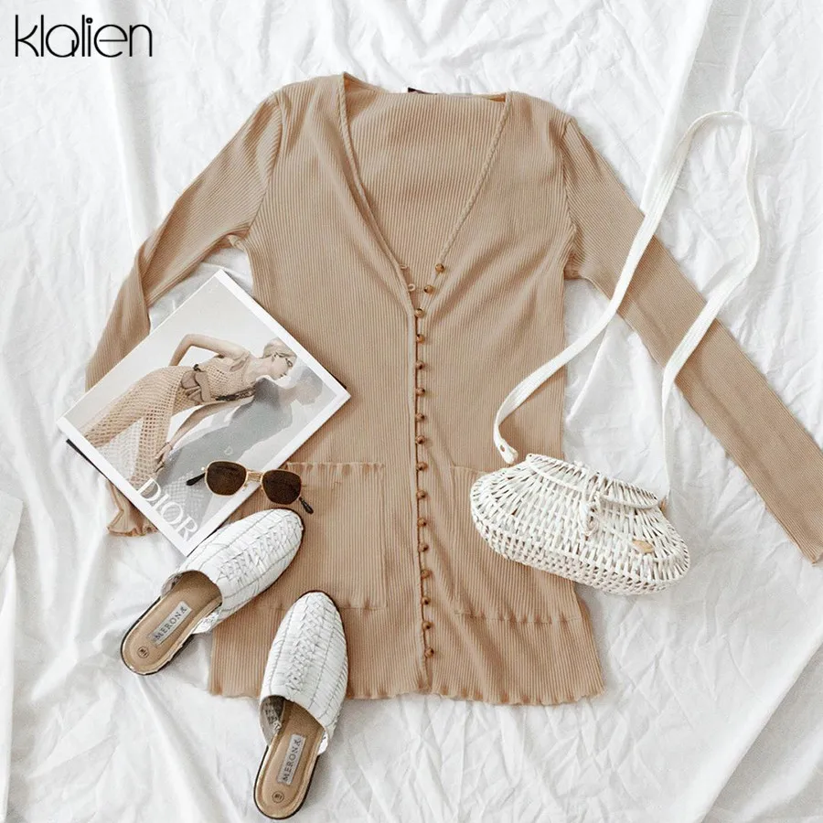KLALIEN женское трикотажное Повседневное платье с длинным рукавом мини v образным