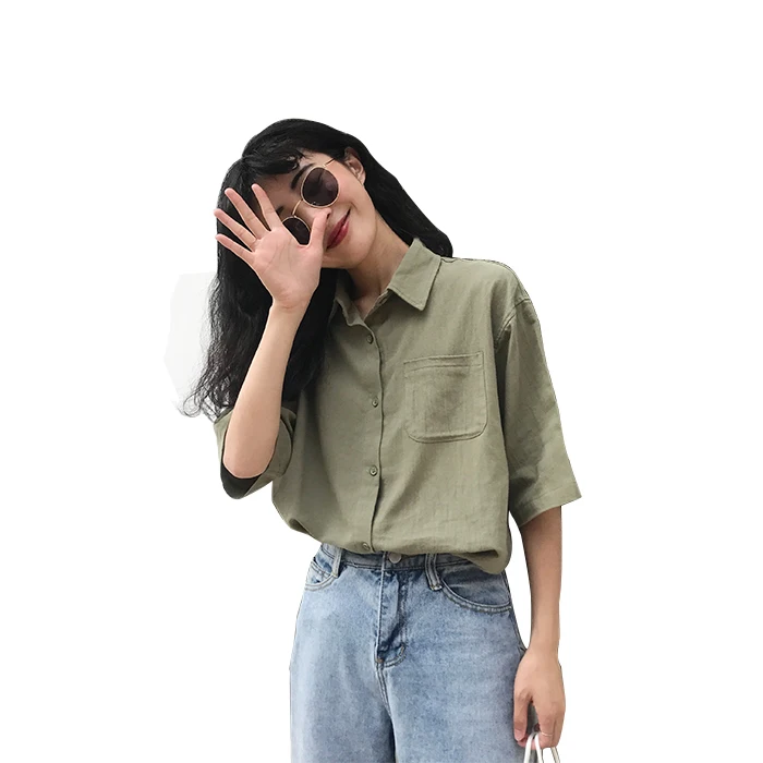 

Ins pocket short sleeve shirt women's summer Korean chic loose and versatile Lapel solid color shirt top