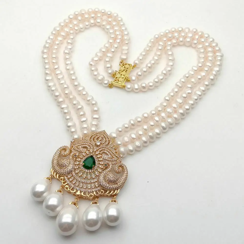 19'' 3 Strands 6-7MM Cultured White freshwater Pearl Necklace Sea Shell Zircon Pendant | Украшения и аксессуары