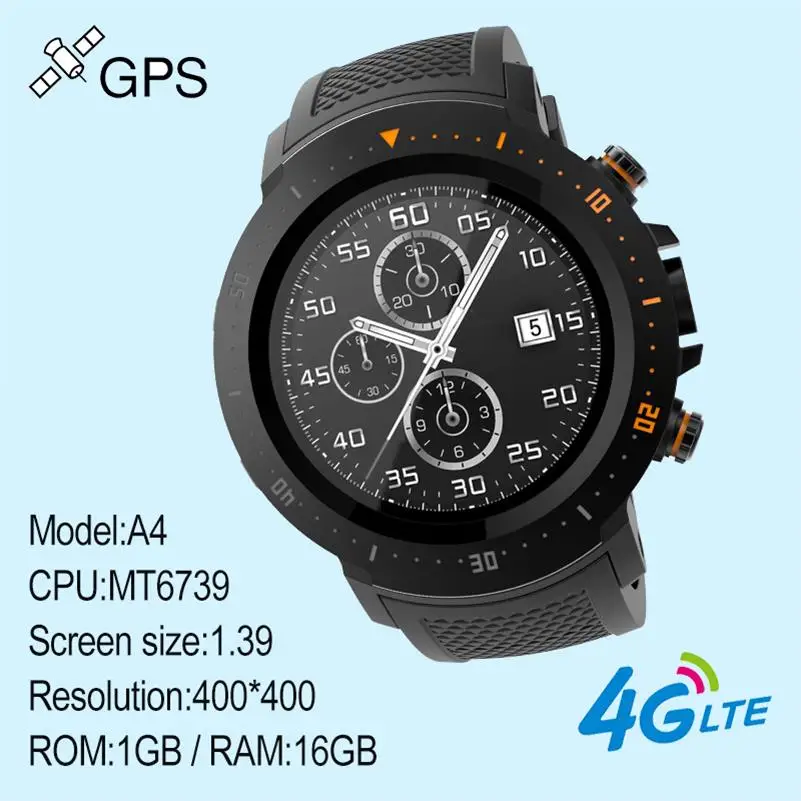 Black Смарт-часы 696 A4 4G LTE, 1G+ 16G, gps, Bluetooth, Wi-Fi, умные часы, камера сердечного ритма, IP67, водонепроницаемые часы MTK 6739, смартфон - Цвет: Black