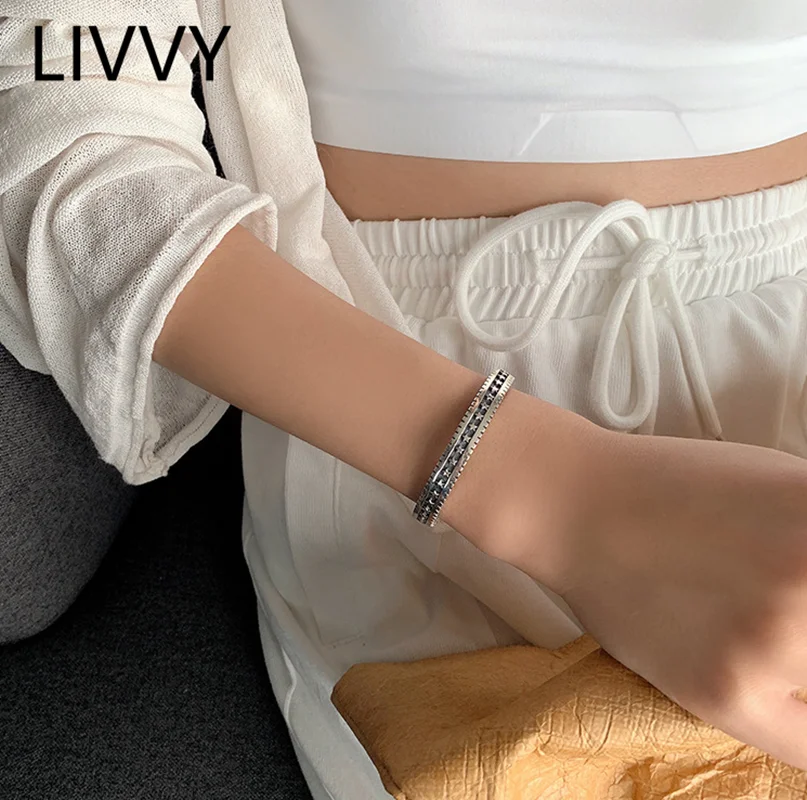 

LIVVY Vintage Thai Silver Color Stars Bangles & Bracelet For Women New Fashion Creative Birthday Party Jewelry