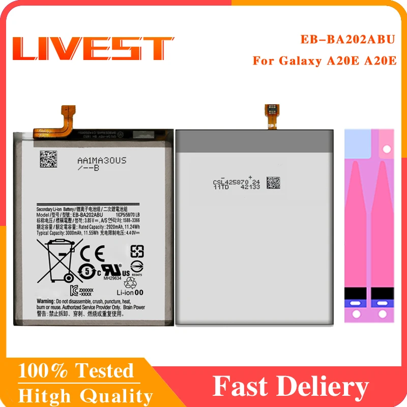 

100% Original Replacement Battery EB-BA202ABU For Samsung Galaxy A20e A10e A102W A102U A202F 3000mAh Capacity Phone Battery