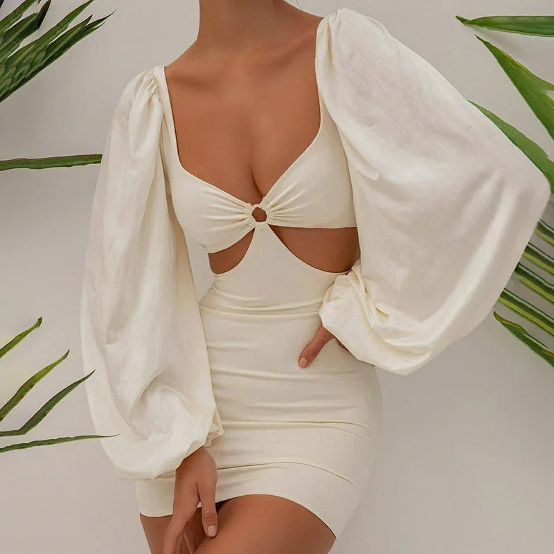 

Mini Bodycon Dresses Women Sexy Hollow Hips Party Short Night Dress 2021 Slim Puff Sleeve Vestidos Irregular Clubwear Robe Femme