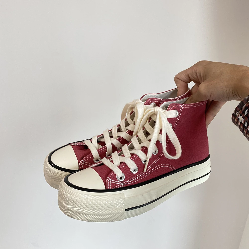 

High-top 4cm Platform Canvas Women Shoes Retro Lace-up Ladies Casual Sneakers Outdoor Breathable Leisure Footwear Real Pictures