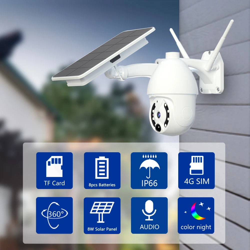 Камера видеонаблюдения с солнечной батареей 3G 4G SIM-карта Wi-Fi 2 МП PTZ IP66 |