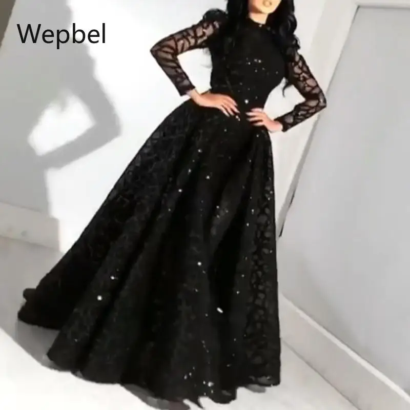 Женское расширяющееся вечернее платье WEPBEL, черное платье с высокой талией и блестками, вечернее платье с длинными рукавами для лета