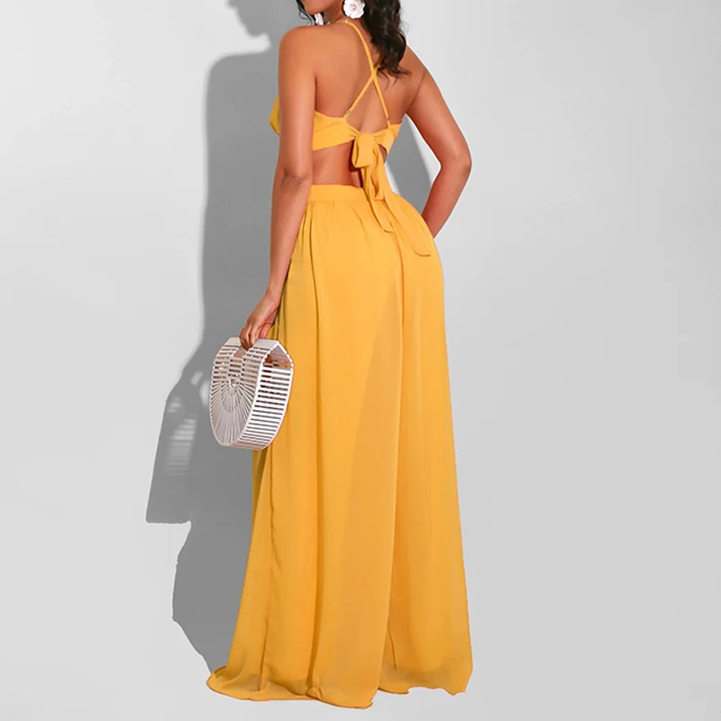 

Women Chiffon Backless Jumpsuits Loose Style Hollow Out Long Overalls Elegant Party Club Spaghetti Straps Jumpsuit