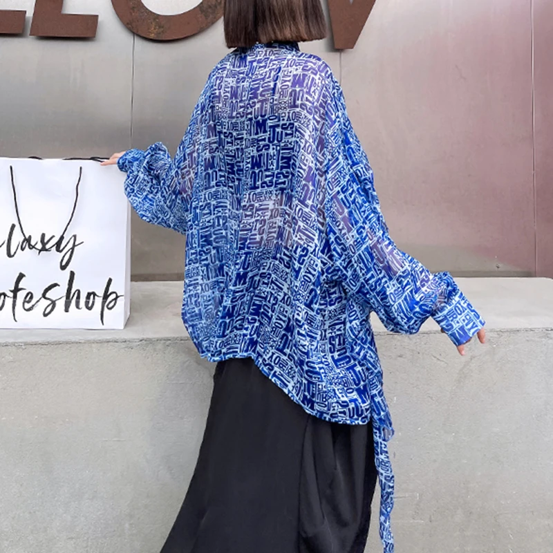 

[EAM] Women Big Size Printing Irregular Blouse New Lapel Long Sleeve Loose Fit Shirt Fashion Tide Spring Summer 2021 1DD6542
