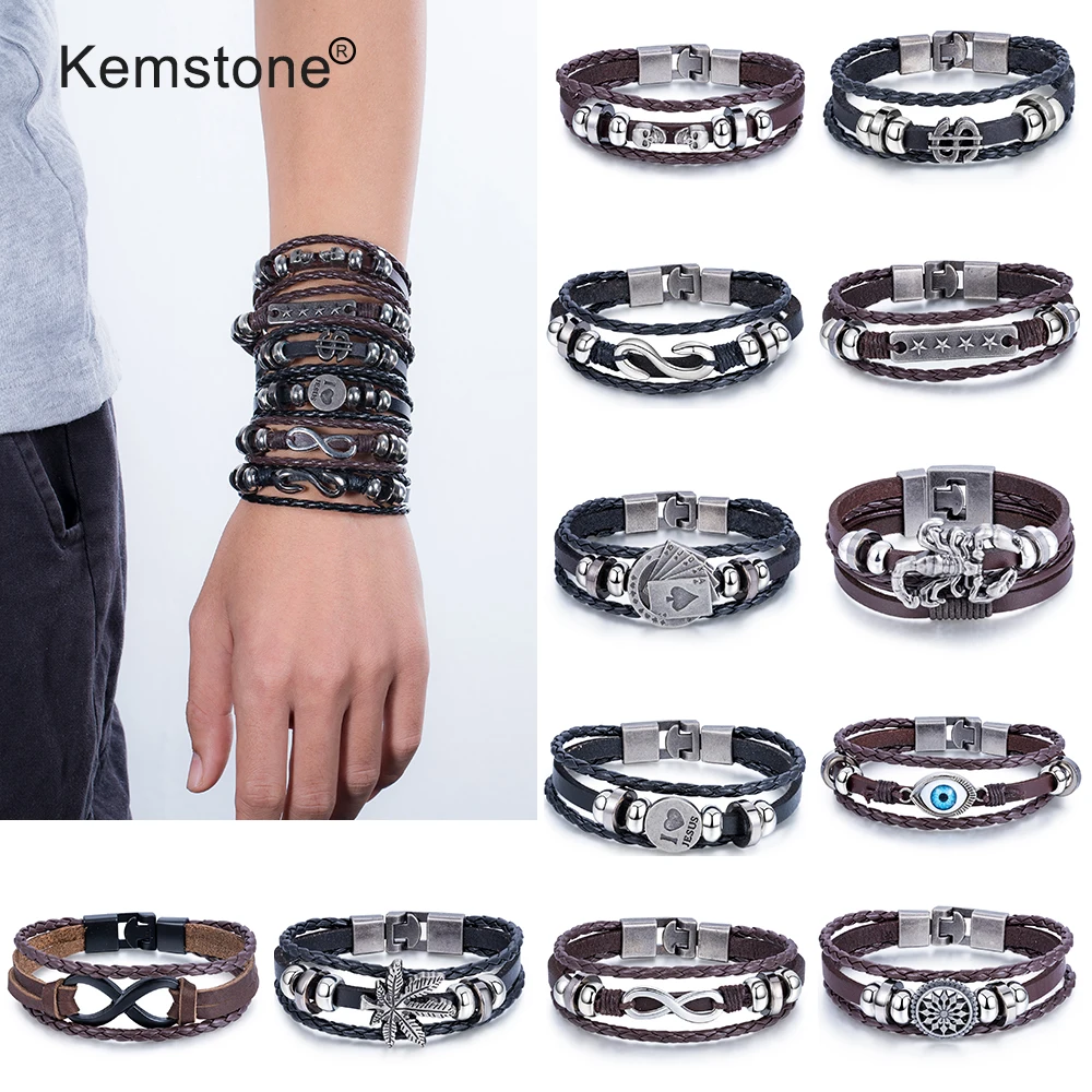 Мужской винтажный браслет с шармом Kemstone коричневый черный из искусственной кожи