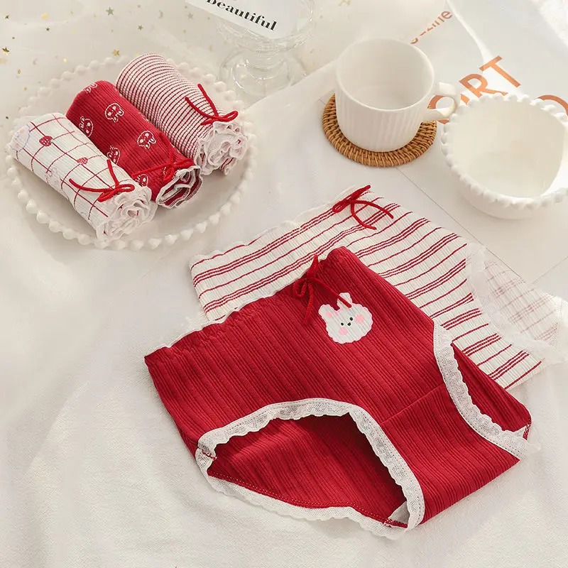 

Underpants Women Pure Cotton Students Korean Version Japanese Girls Cute Big Red Cartoon Rabbit Mid-Waist Ladies Briefs