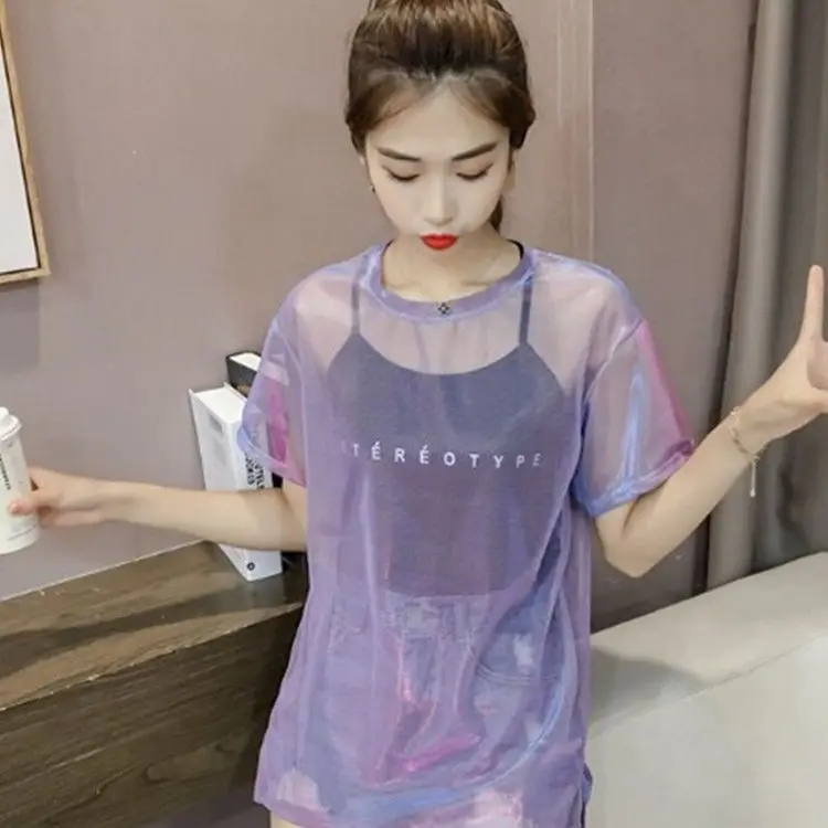

2021 New Bright Silk Gauze Short-sleeved T-shirt Blouse Mid -length Trendy Loose Top Women 's Large Size O-neck Casual Tees