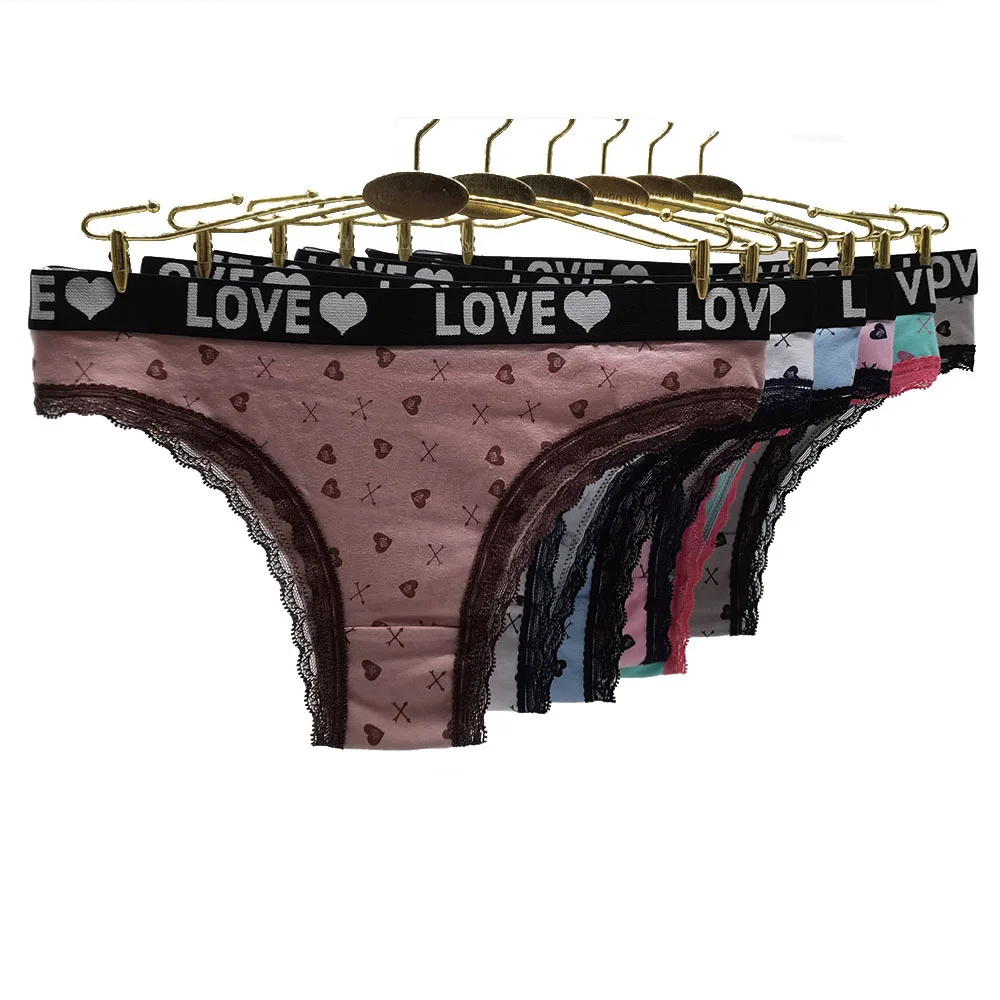 

1/2/3/4/5/6PCS Cute Heart Print Thongs Young Girl Lace G-String Cotton Bikini Panties Underpants Briefs Set Underwear Linger
