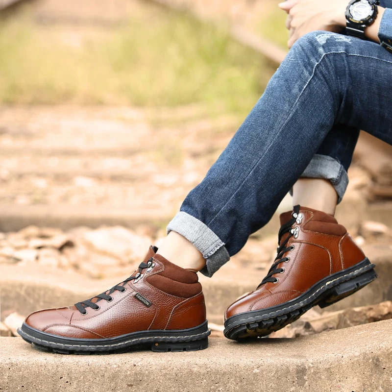 

2019 Casual Leather Boots Genuine Leather Men Shoes Fashion Male Shoes Winter Ankle Boots Male Boots Winter Men Shoe Plus Velvet