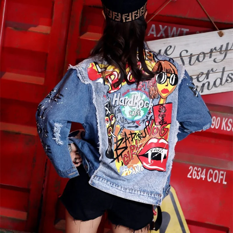 

Autumn 2020 Fashion Denim Coat Women Harajuku Graffiti Print Worn Out Long Sleeve Denim Jacket Girl Students Jeans Coats Outwear