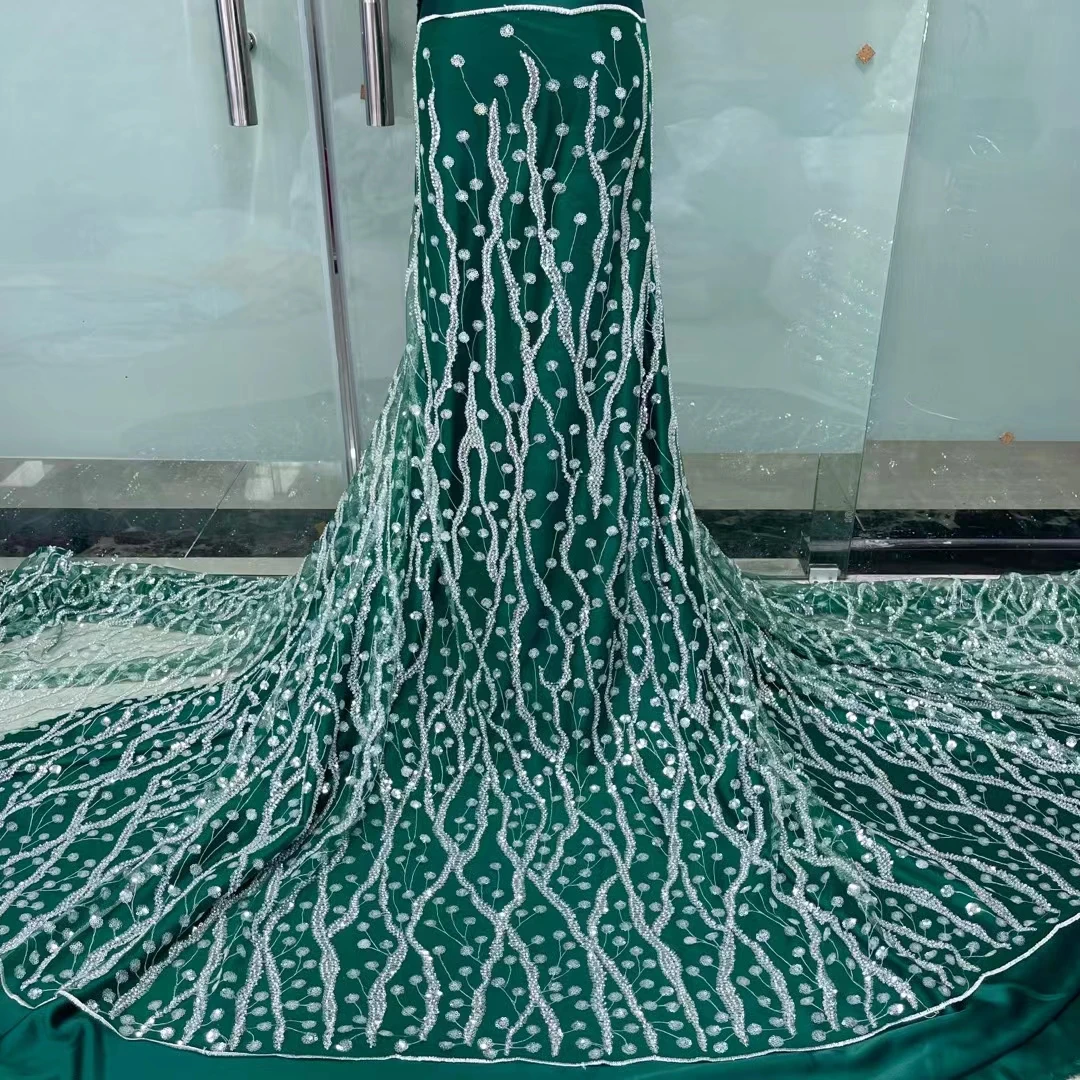 

Темно-зеленая нигерийская сетчатая кружевная ткань, Лидер продаж, кружевные ткани с блестками, Высококачественная африканская французская...