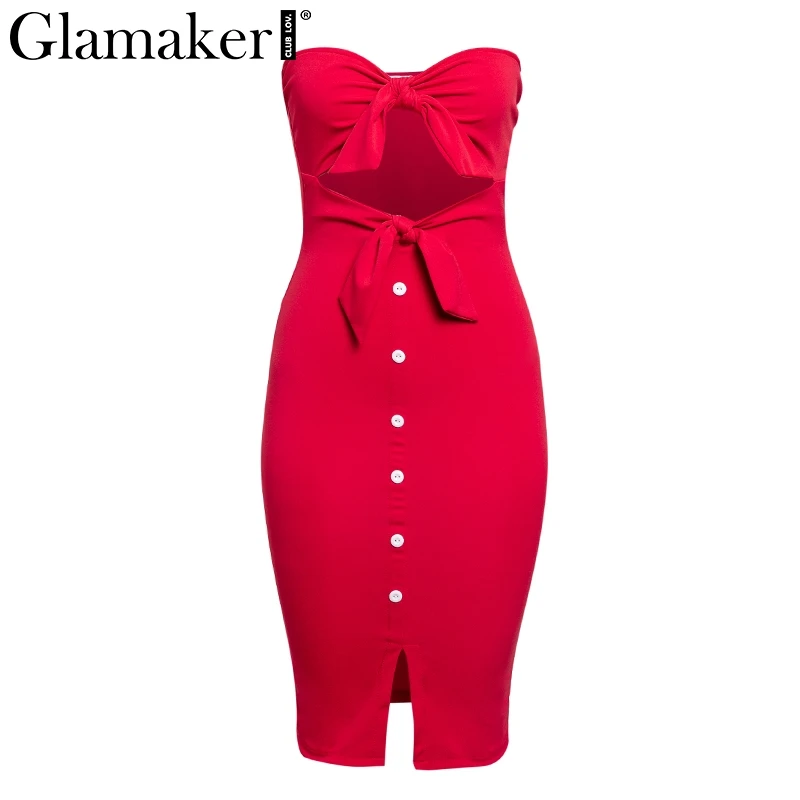 Glamaker, сексуальное женское платье без бретелек, с вырезом, с красным бантом, с разрезом, миди, вечерние, облегающее платье, элегантное, черное, для клуба, на пуговицах, короткое платье