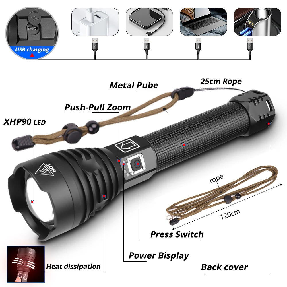 Brightest XHP90 LED long-range flashlight XHP70.2 powerful Waterproof torch use 18650 battery USB Rechargeable for camping | Лампы и