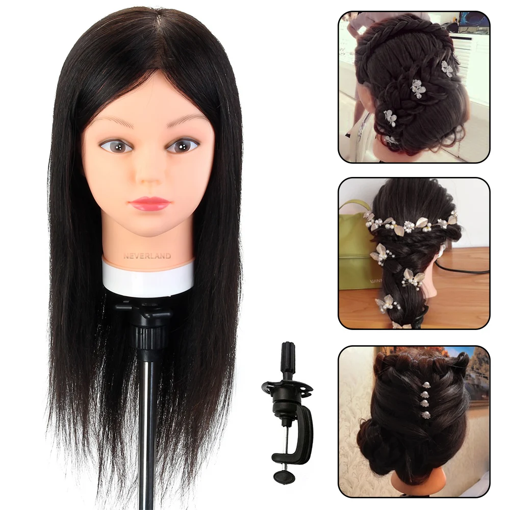 100% Real Animal Hair Training Head Practice Hairdressing Black for Hairstyle Clamp Mannequin Cosmetology | Дом и сад