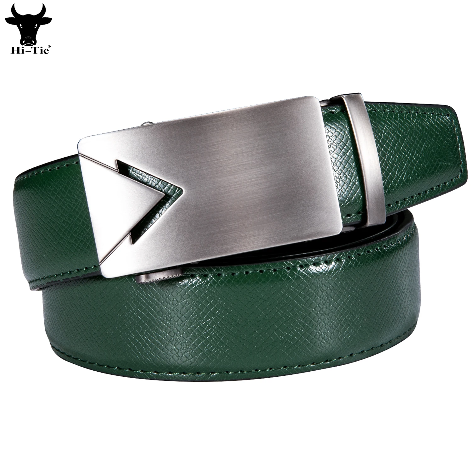Hi-Tie Luxury Green Genuine Leather Mens Suit Belts Designer Silver Automatic Buckles Ratchet Waistband Belt for Men Dress Jeans
