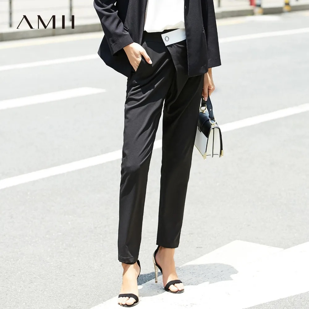 Amii женские офисные брюки с высокой талией элегантные однотонные длинные в стиле