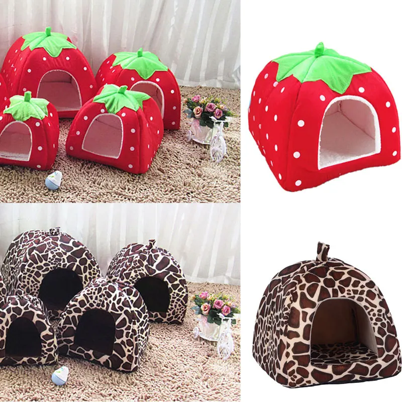 

New Pet Product Cat House Bed Foldable Soft Winter Leopard Dog Bed Strawberry Cave Dog House Kennel Nest Dog Fleece Cat Bed