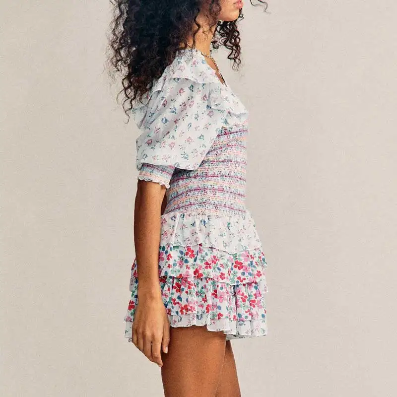 2021 Вдохновленный цветочный принт с оборками вечерние платье буффами на рукавах