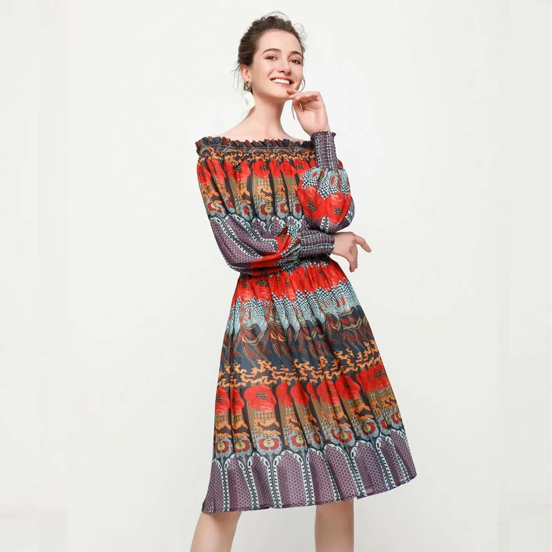 

Designer High Quality Summer Style Women's Fashion Party Casual Sexy Beach Vintage Elegant Chic Slash Neck Print Chiffon Dress