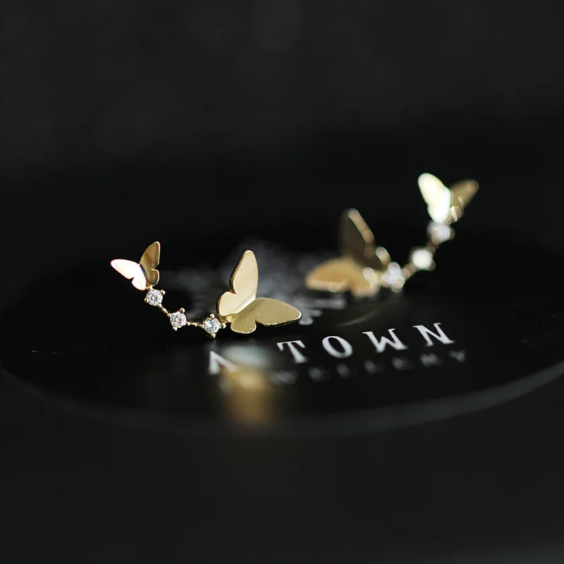 

925 Sterling Silver Earrings For Women Set Gold Butterfly Crystal Zircon Retro Design Fashion Student Girlfriend Jewelry INEFFA