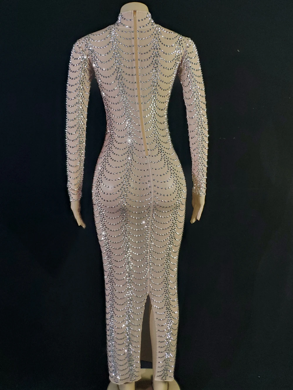 

Black Mesh Sparkly Silver Rhinestones Transparent Long Dress Women Evening Birthday Celebrate Dance Costume Singer Show Wear