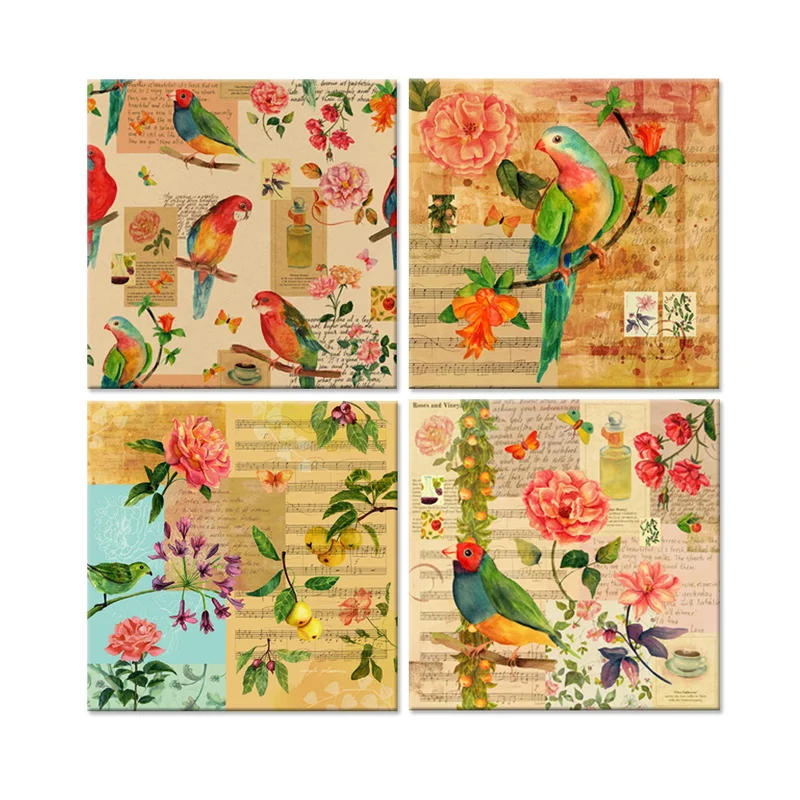 Животные холст животные птицы и цветы настенный художественный плакат 4 шт.
