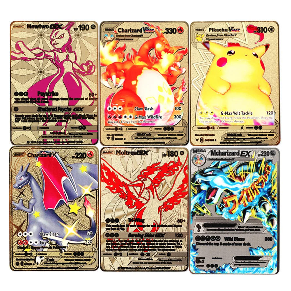 

2022 New Pokemon Cards Gold Metal Vmax Energy Card Charizard Pikachu Rare Collection Battle Trainer Card Child Toys