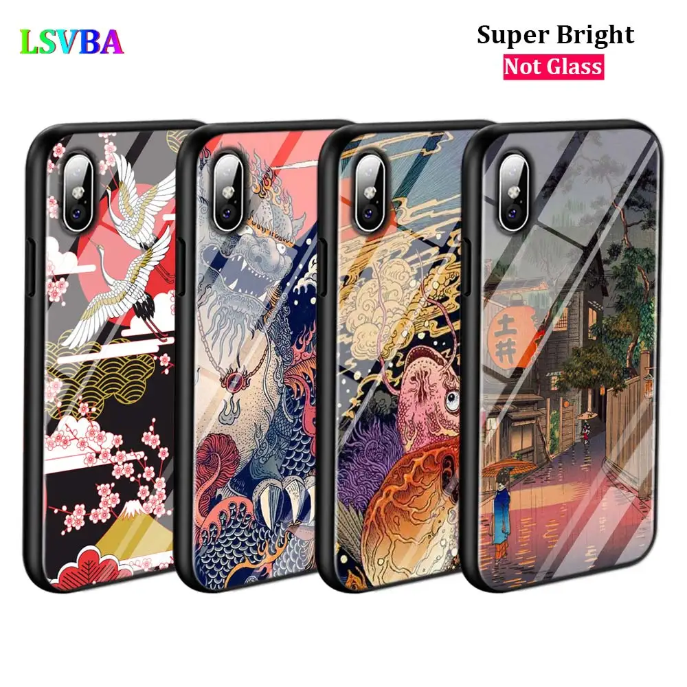 

Black Cover Japanese Art for iPhone 11 11Pro X XR XS Max for iPhone 8 7 6 6S Plus 5S 5 SE Glossy Phone Case