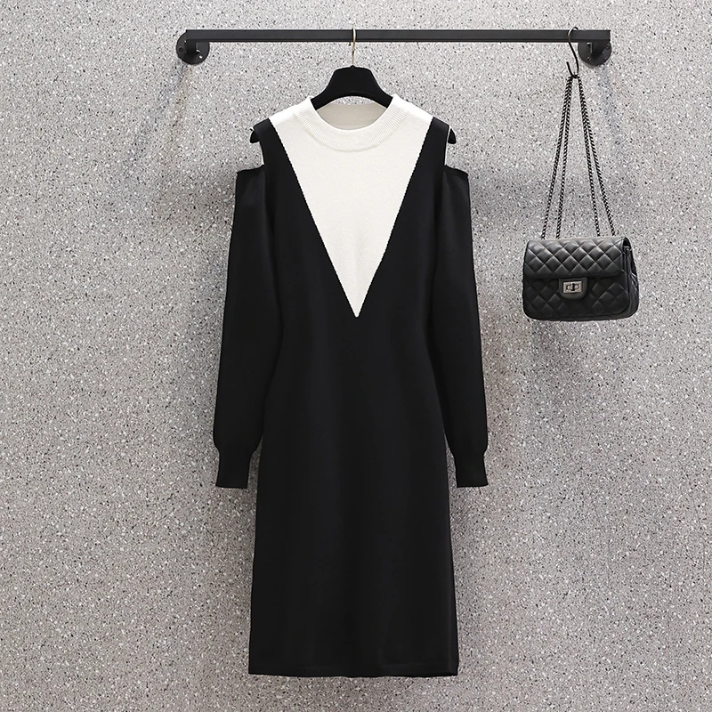 Женское винтажное платье-свитер с длинным рукавом и открытыми плечами