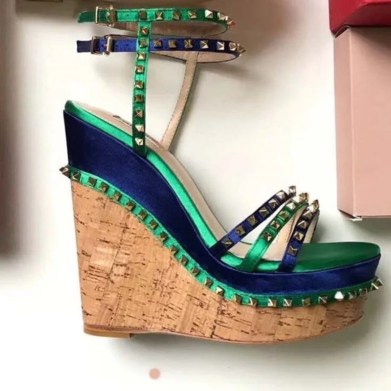 

Sexy Gold Spikes Wedge Sandals Pink Green Leather Ankle Strap Rivets Studded Wedge High Platform Summer Dress Shoes Big Size 10