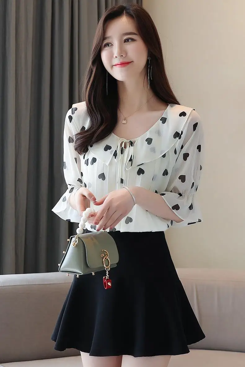 

Houthion Chiffon Slim Women's Blouses New Casual Blouse Half Sleeve Top Fashion Love Polka Dots Bow Buttons Shirt Summer