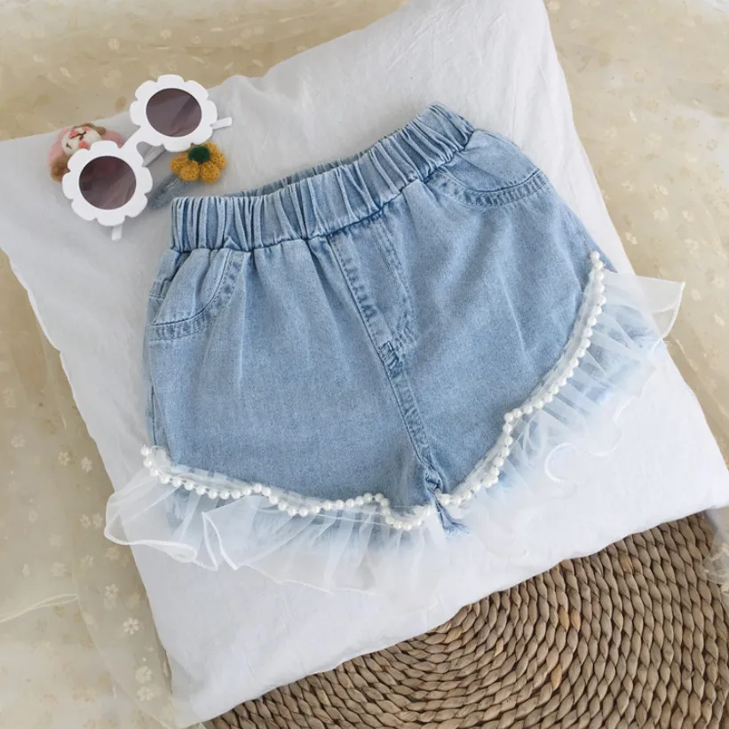 Пляжные штаны для девочек Джинсовые шорты с жемчужинами маленьких Кружевные