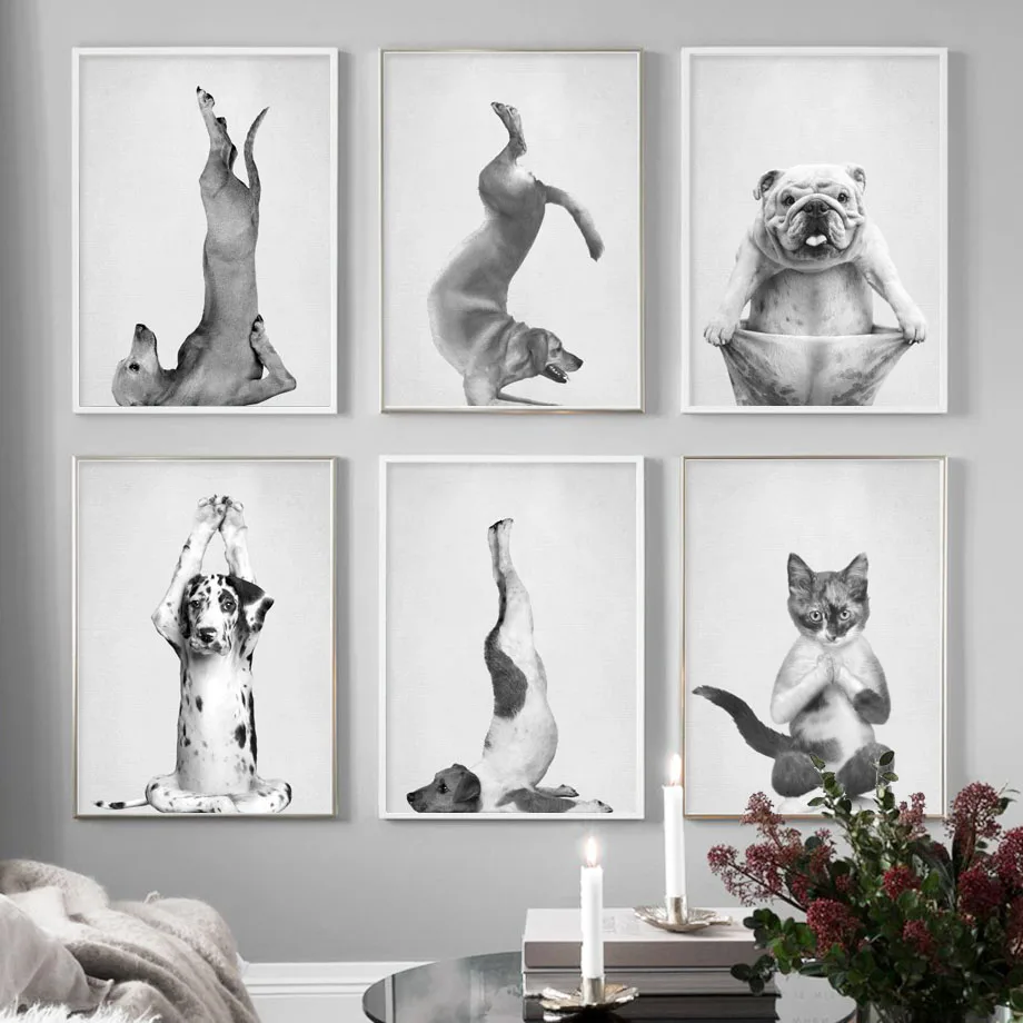 

Funny Dancing Yoga Cat Smile Dog Thinking Monkey Wall Pictures For Living Room Art Canvas Painting Black White Nordic Posters