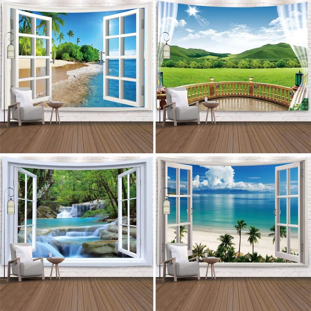 

Imitation Window Landscape Tapestry Wall Hanging Tropical Tree Tapestries Art Home Decoration Sea Sunrise Home Dorm