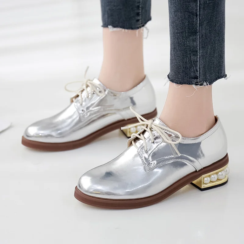 Gold Silver Women Shoes Vintage British Wind Round Head Lace-up Pearl Thick Heel Patent Leather Women's Single Shoes