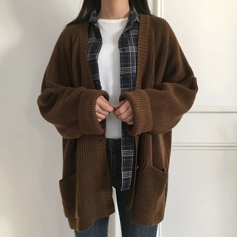 

Autumn Winter Women Sweaters Loose Long Sleeve Pockets Single Breasted Polyester Cardigans Casual Solid Sweaters