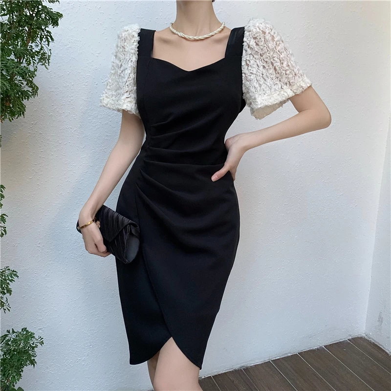 

Square Collar Mini Dresses Patchwork Three-Dimensional Decoration Party Royal Sweet French Irregular Wind Office Lady Lightly