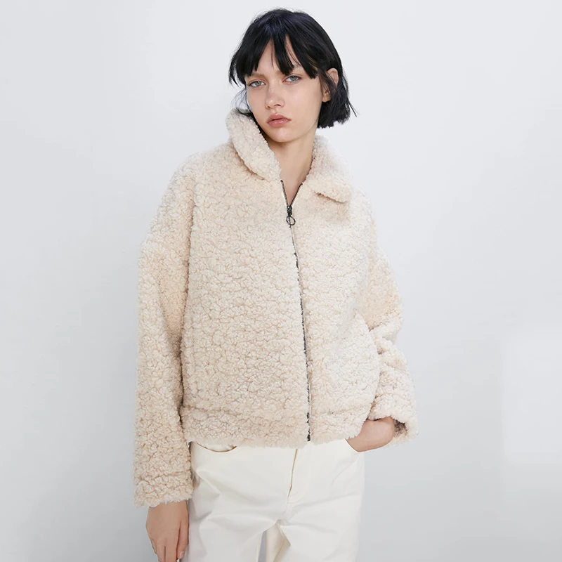 2019 ZA новое пальто из искусственного меха Женское с отворотом и длинным рукавом