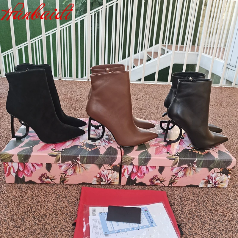 

Ankle Boots Women New Autumn Pointed Toe Gesigner Shoes Metal Decoration Solid Zipper High Heel Genuine Leather Zapatillas Mujer
