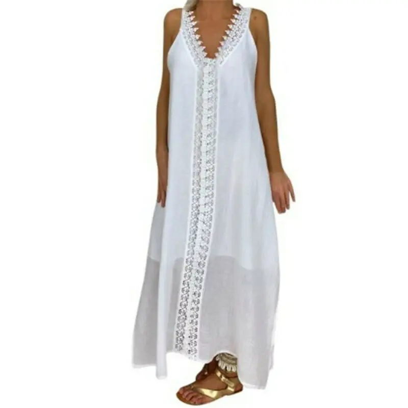 

Womens Lace Sleeveless V Neck Maxi Dress Ladies Summer Loose Sundress Plus Size
